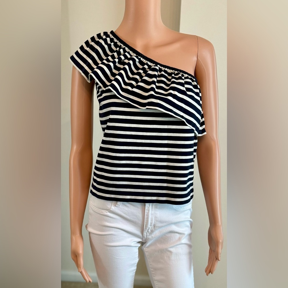 J. Crew One Shoulder Navy Striped Ruffle Blouse NWOT Size XS